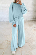 Drop Shoulder Puff Sleeve Crop Pullover Drawstring Wide Leg Pants Set
