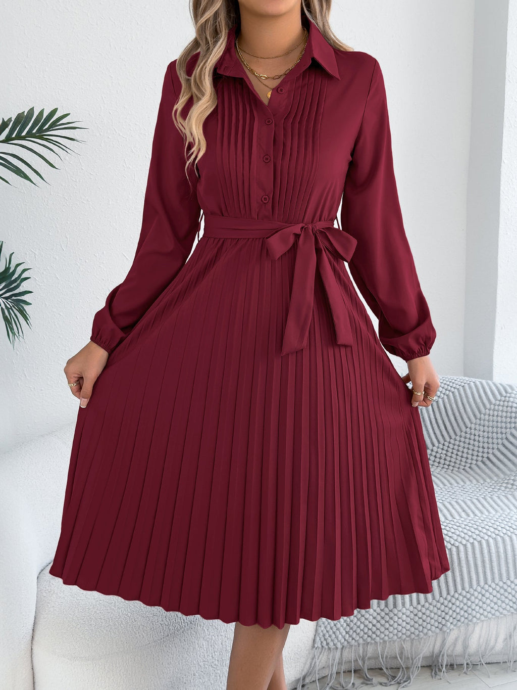 Pleated Tie Waist Balloon Sleeve Dress