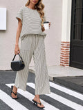 Casual Striped Short Sleeve Top and Wide Leg Pants Two-Piece Set