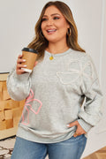 Light Grey Plus Size Thread Embroidered Drop Shoulder Round Neck Sweatshirt