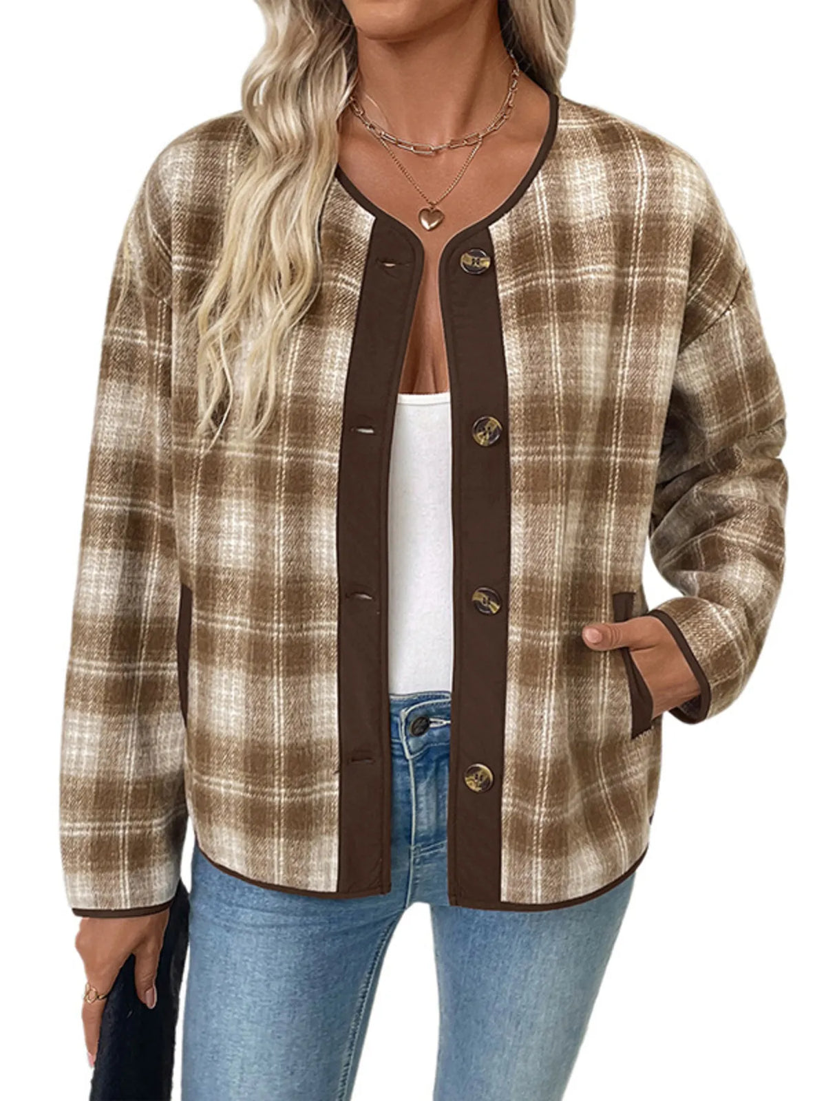 Unlined Plaid Button-Up Jacket with Chest Pockets