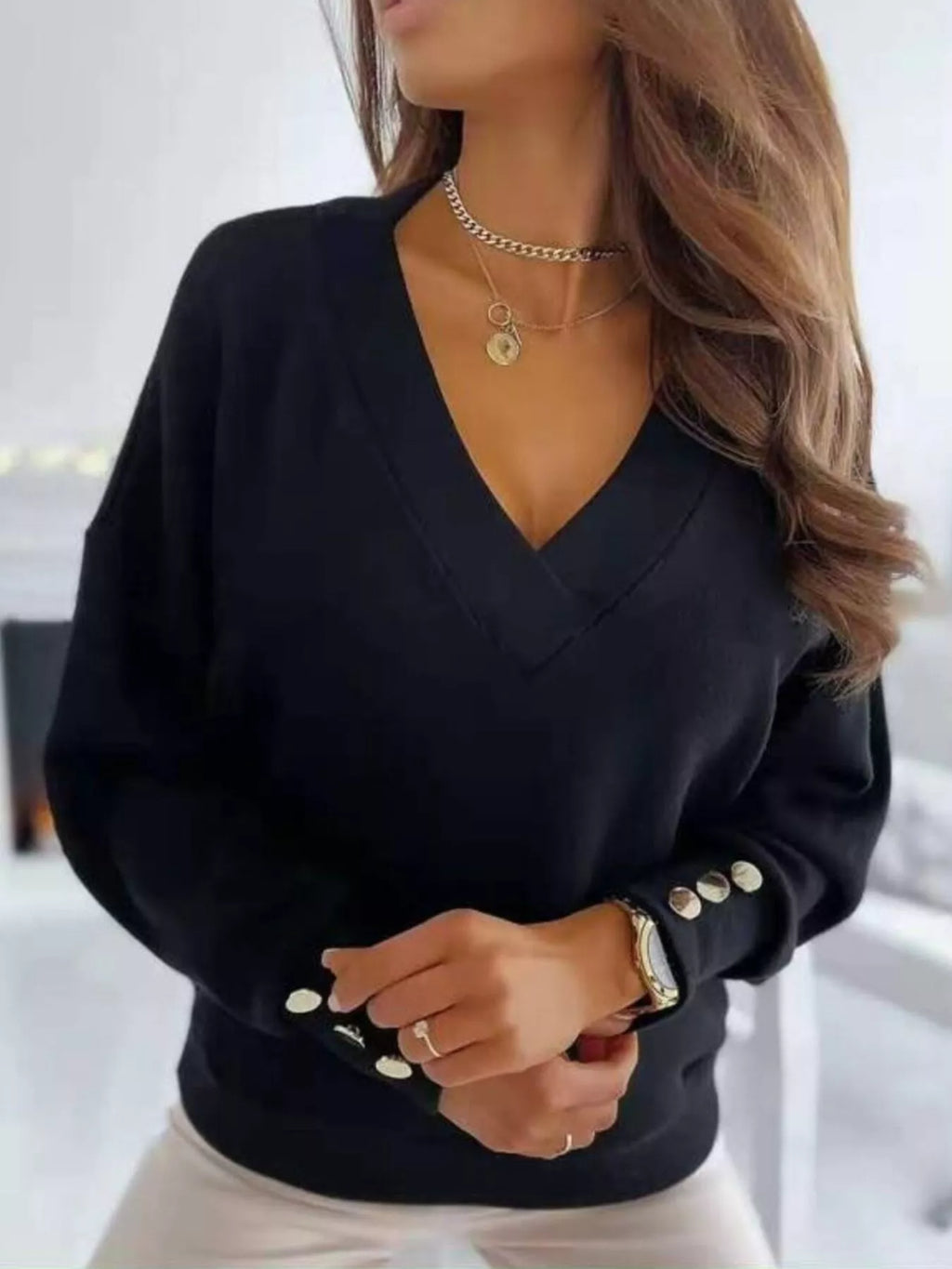V-Neck Button Cuff Top