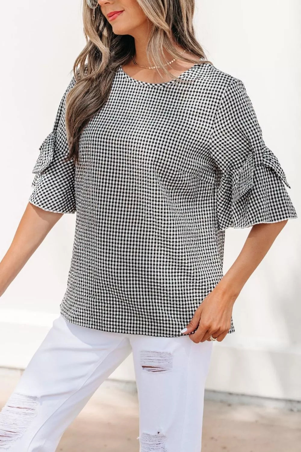 Gingham Bow Half Sleeve Blouse
