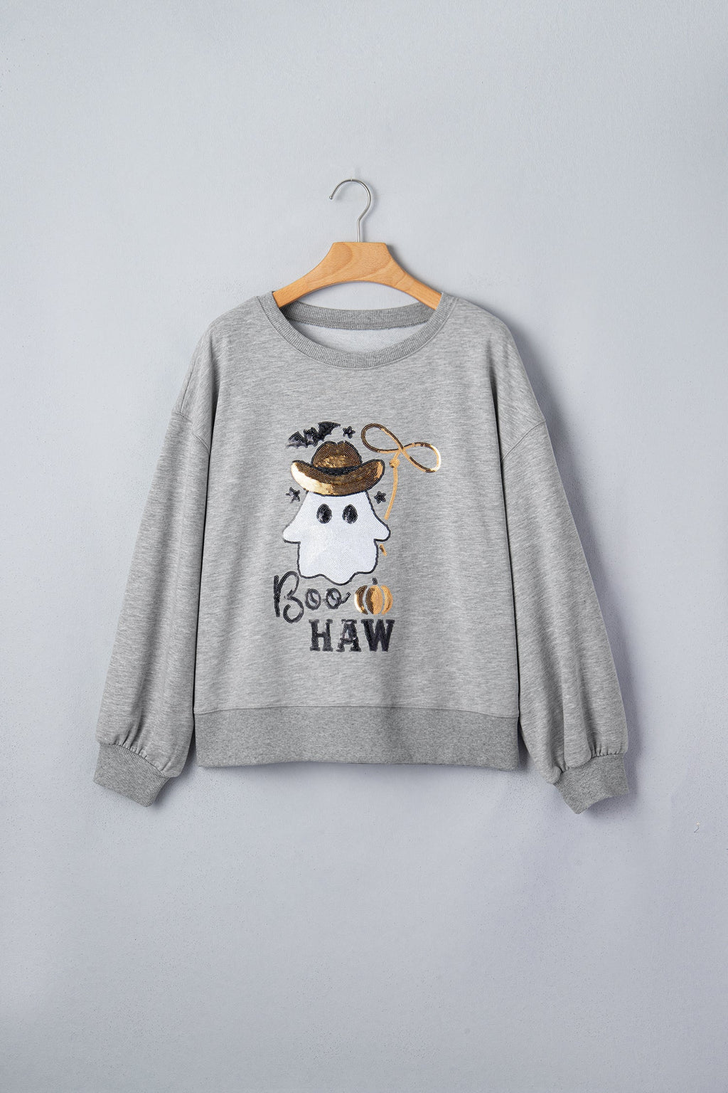 Medium Grey Sequin Western Ghost Print Long Sleeve Round Neck Sweatshirt