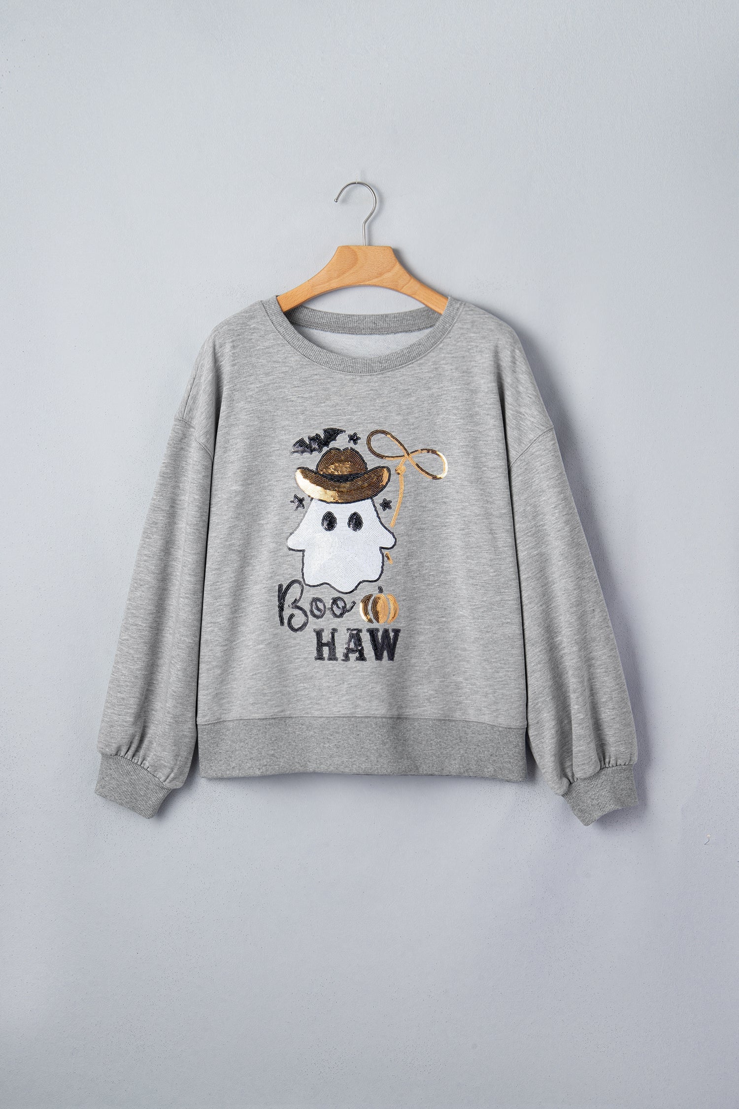 Medium Grey Sequin Western Ghost Print Long Sleeve Round Neck Sweatshirt