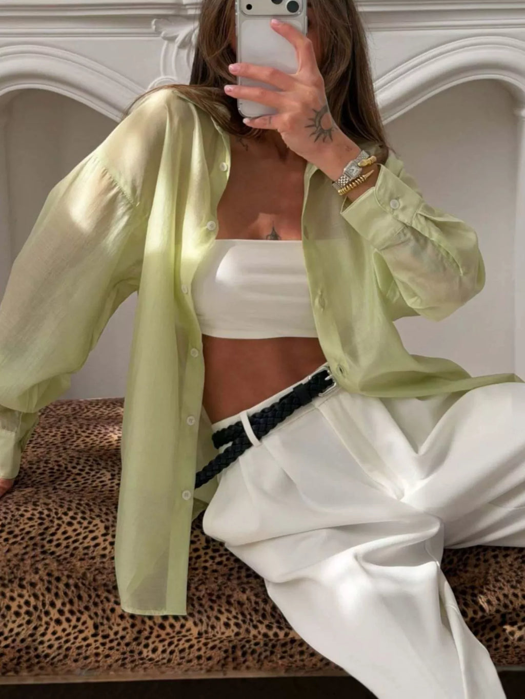 Sheer Oversized Button-Up Shirt