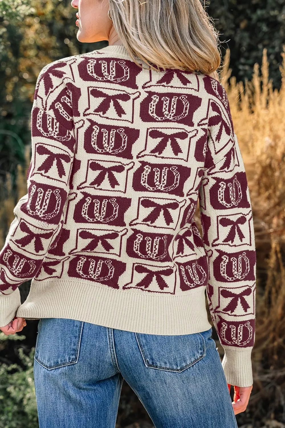 Bows & Horseshoes Pattern Western Round Neck Sweater