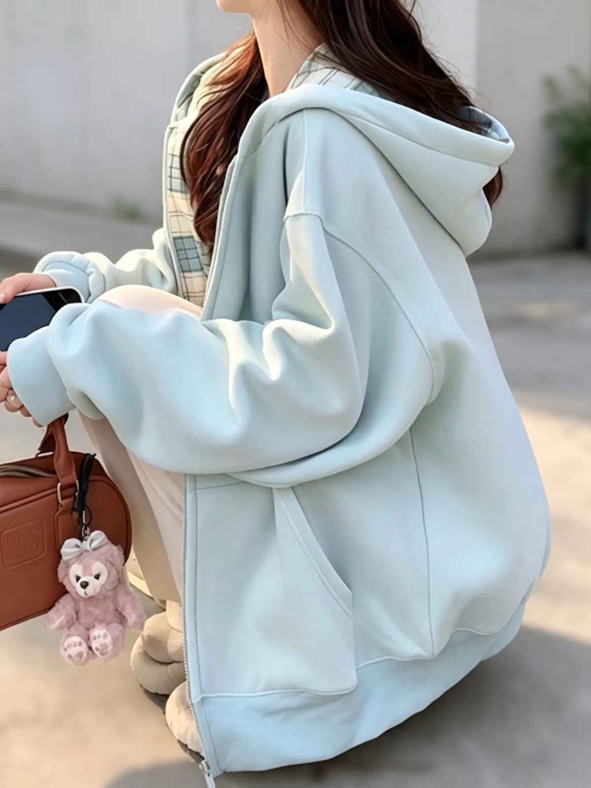Zip-Up Plaid Lining Hoodie