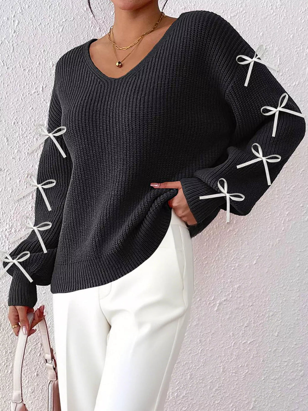 Bow-Tie Sleeve V-Neck Sweater
