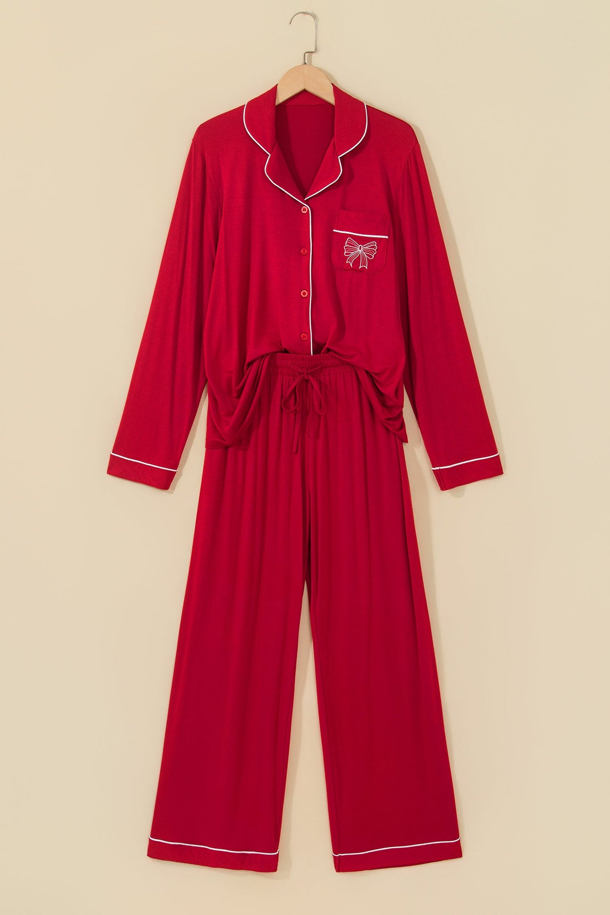 Bow Embroidered Buttoned Shirt & Pants Pajama Set