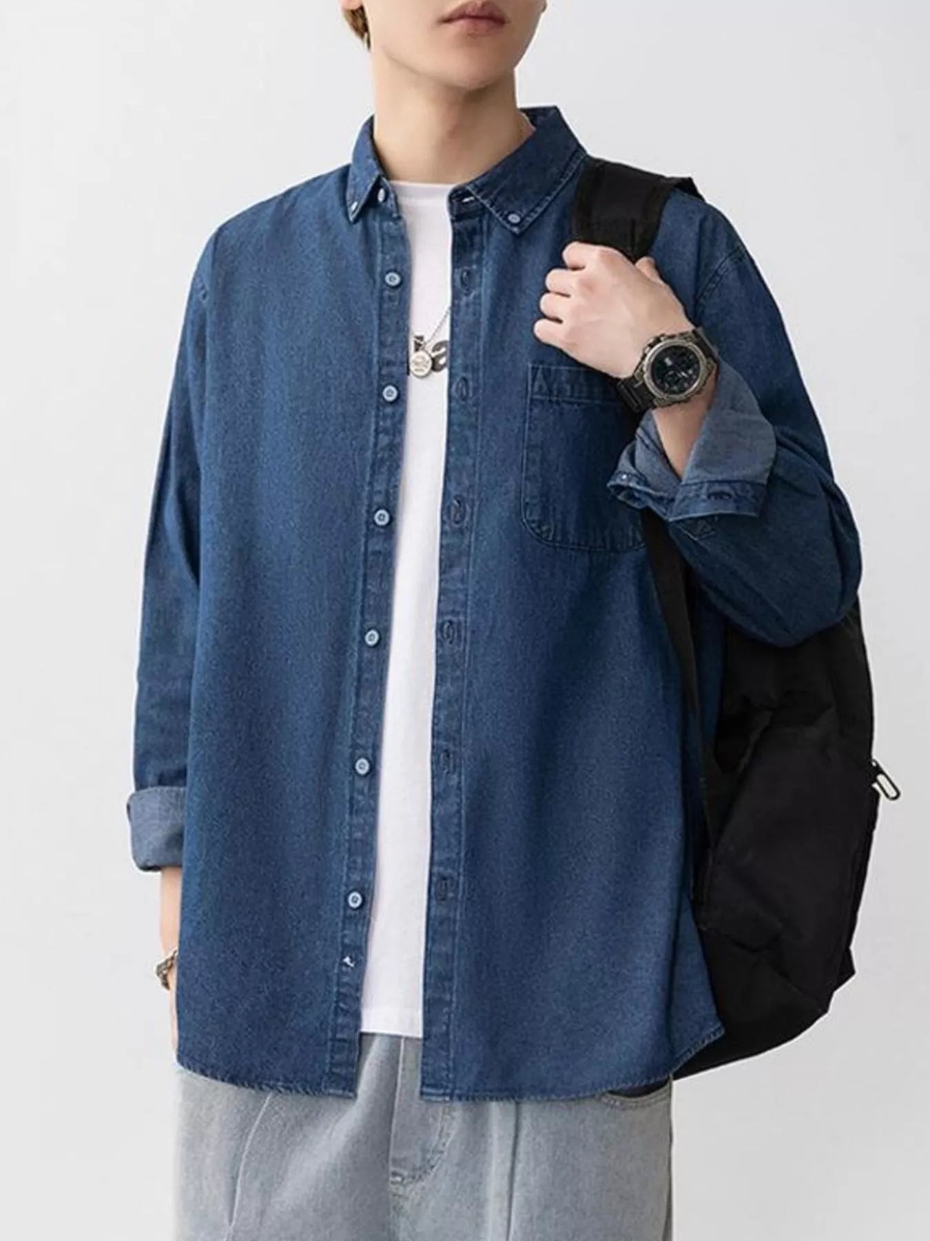 Men's Plus Size Button Up Long Sleeve Denim Shirt