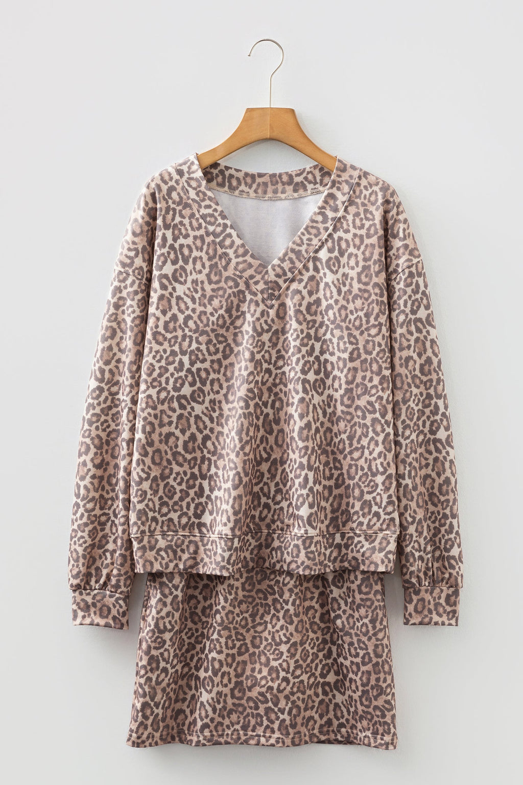 Light French Beige Leopard Print V Neck Pullover Mini Skirt 2pcs Set