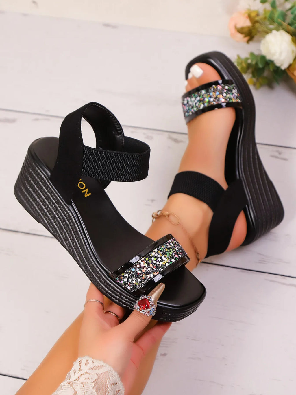 Glitter Platform Wedge Sandals