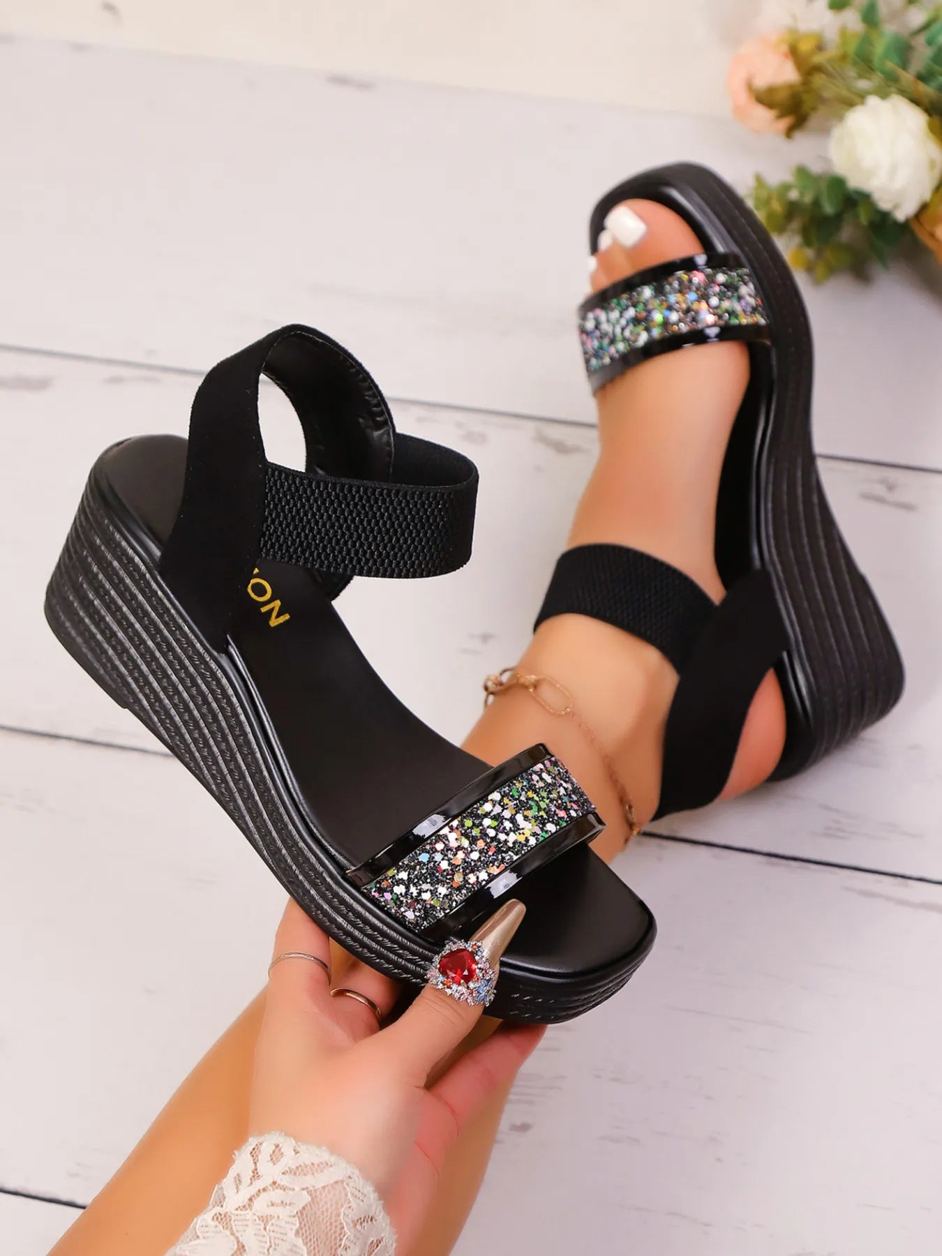 Glitter Platform Wedge Sandals