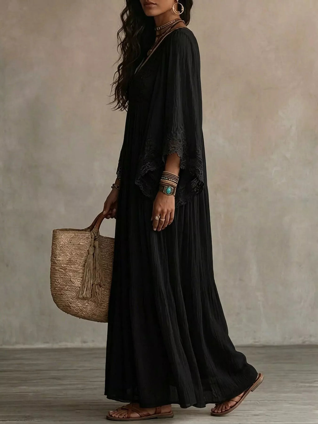 Lace Trim V-Neck Maxi Dress
