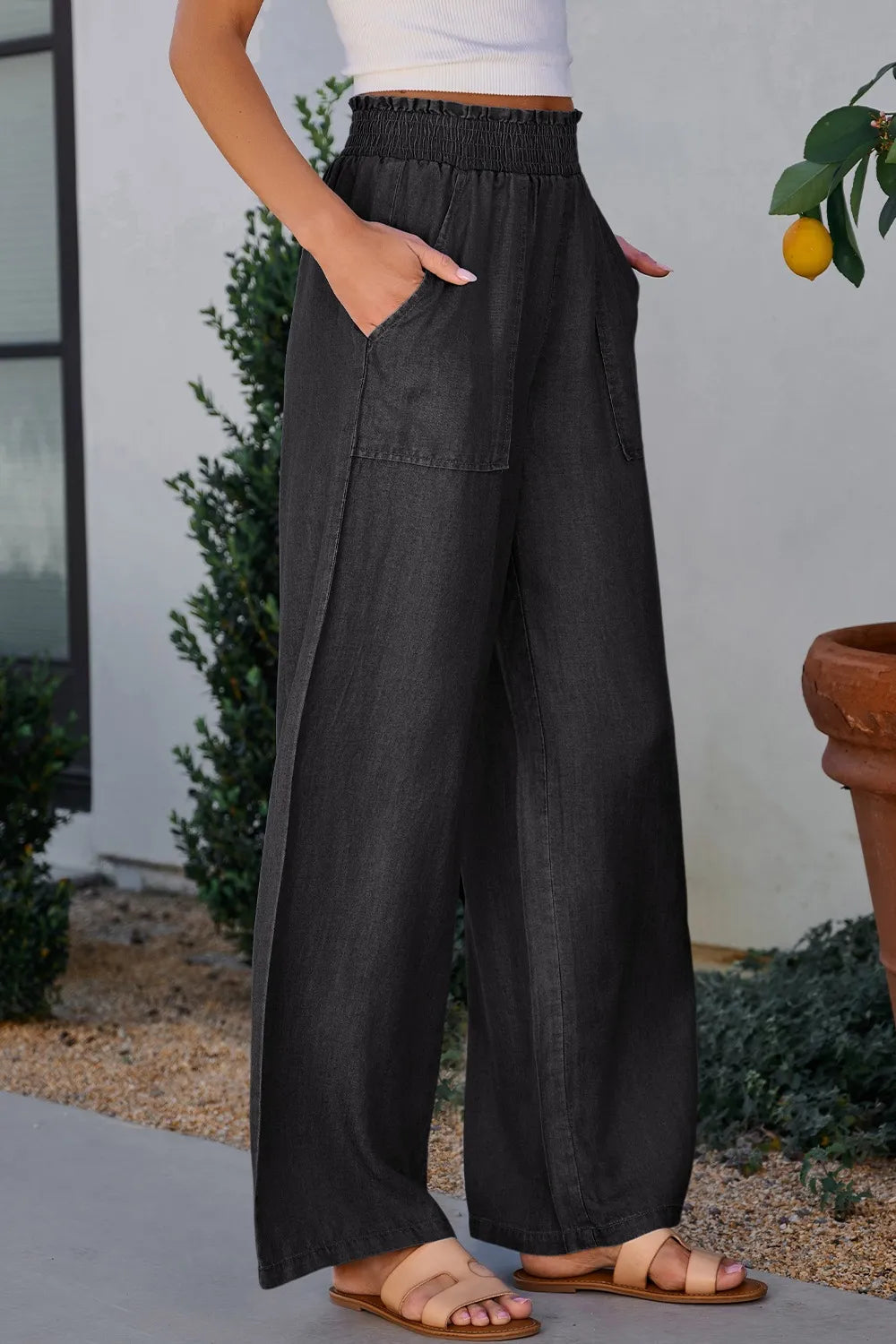 Side Pockets Frilled Smocked High Waist Wide Leg Pants