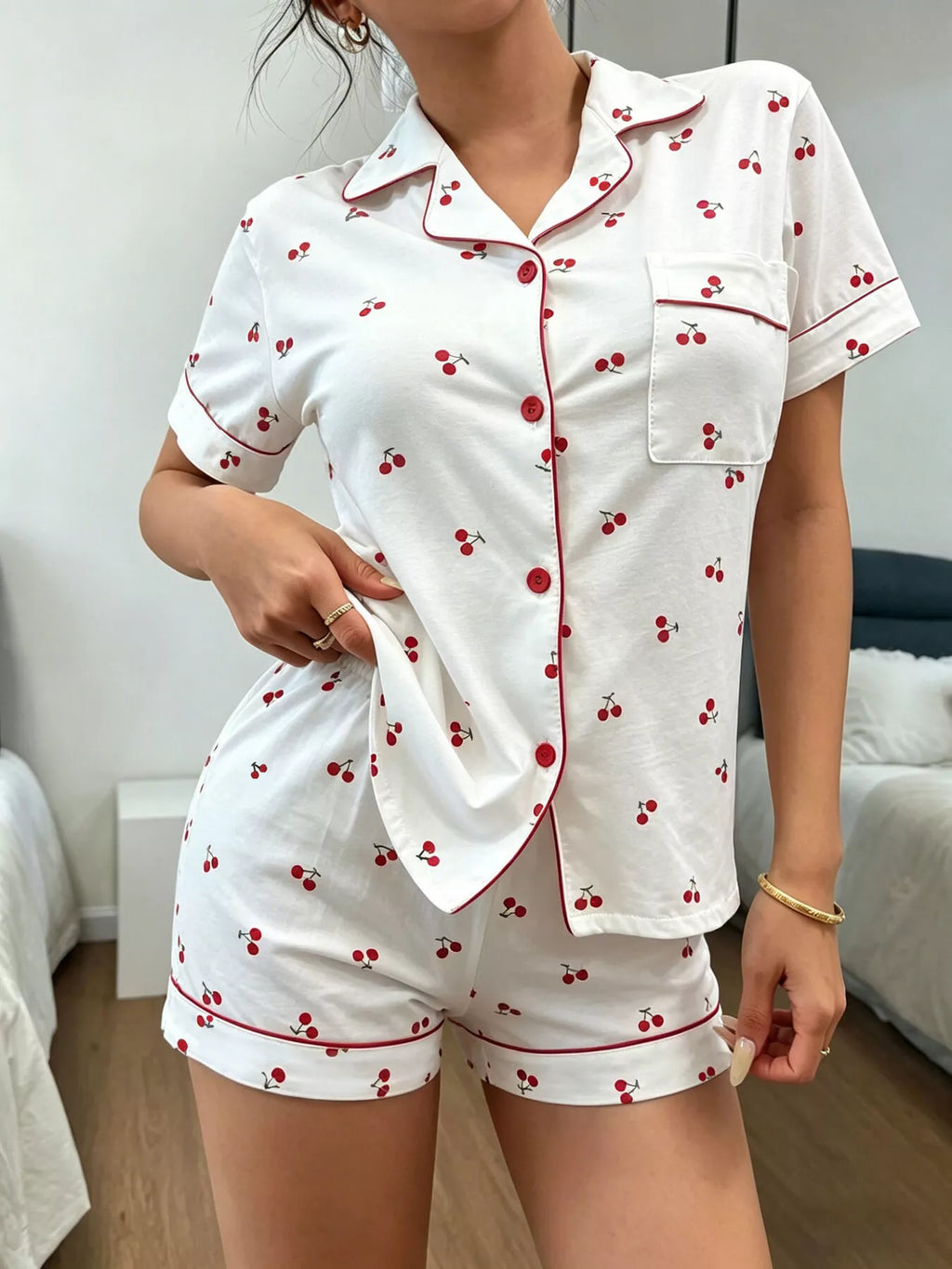 Heart Print Button-Down Short Sleeve Top and Shorts Lounge Set