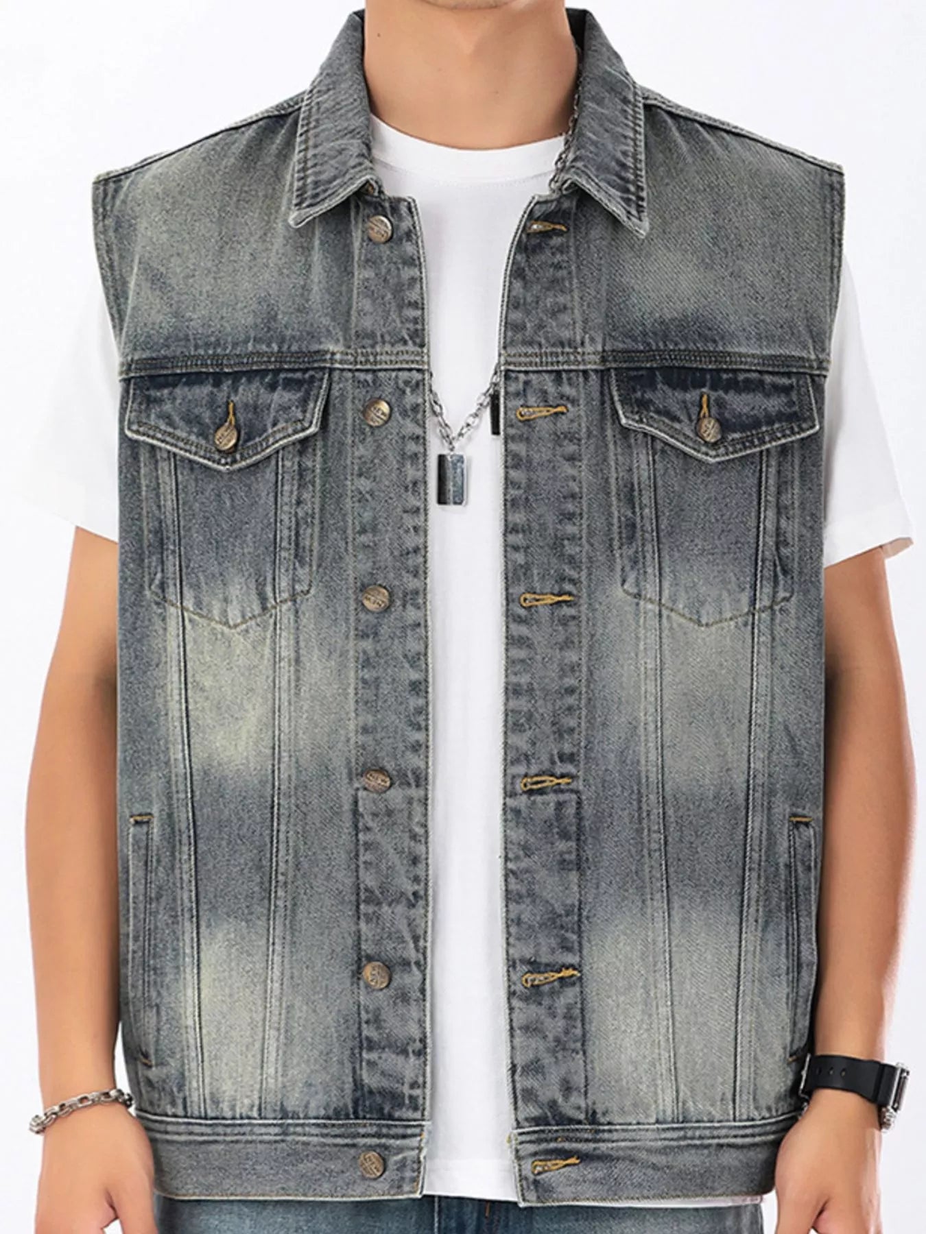 Men's Plus Size Vintage Washed Sleeveless Denim Vest