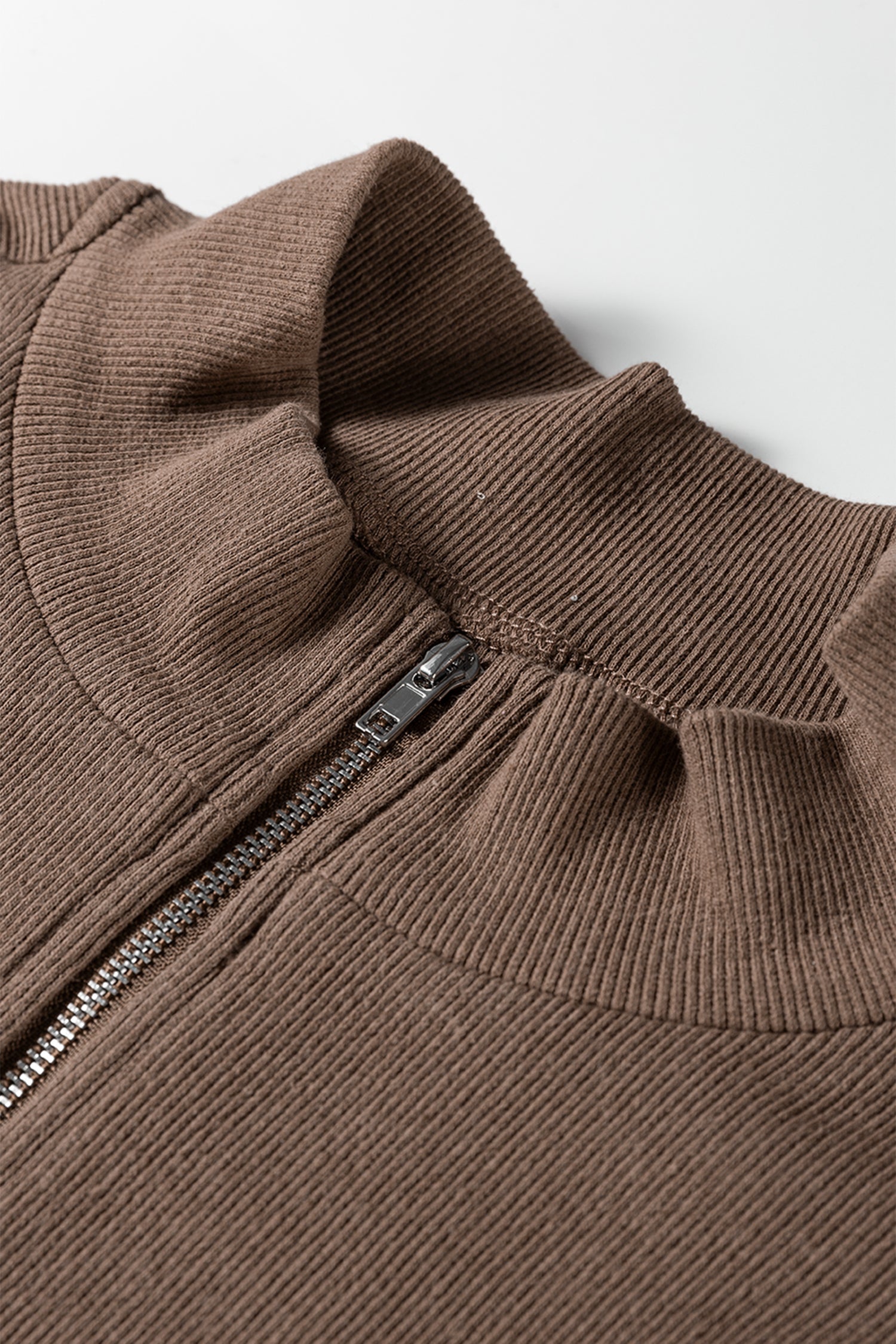 Brown Striped Color Block Zip Collar 3/4 Sleeve Oversize Sweatshirt