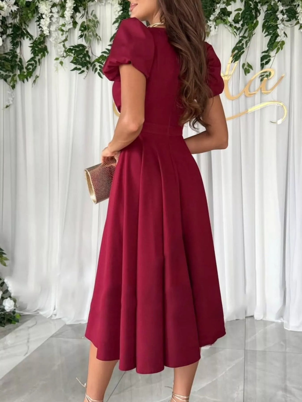 Surplice Puff Sleeve Midi Dress