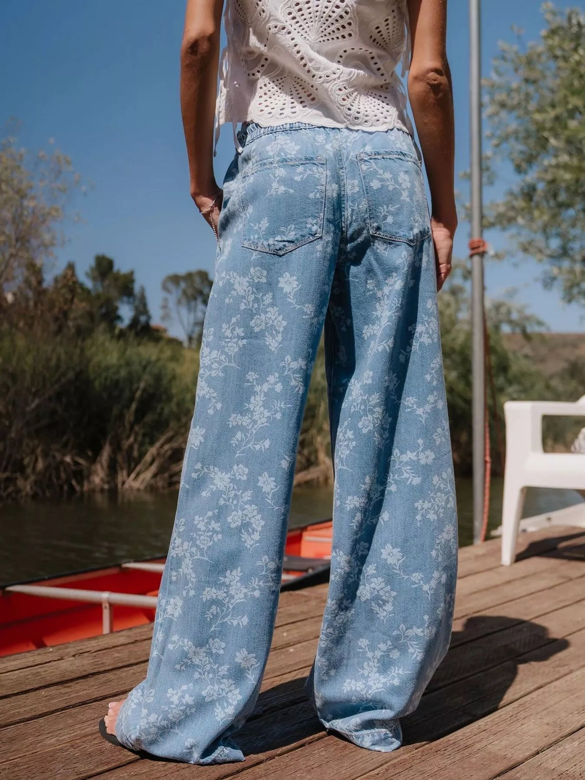 Drawstring Floral Wide-Leg Jeans