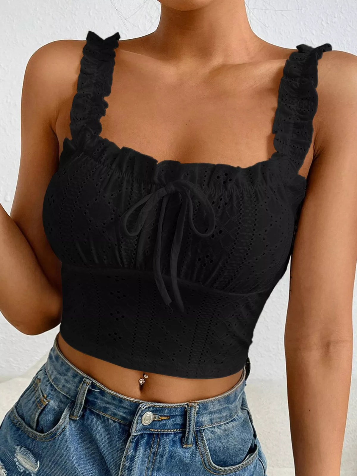 Eyelet Ruffle Strap Tie-Front Tank