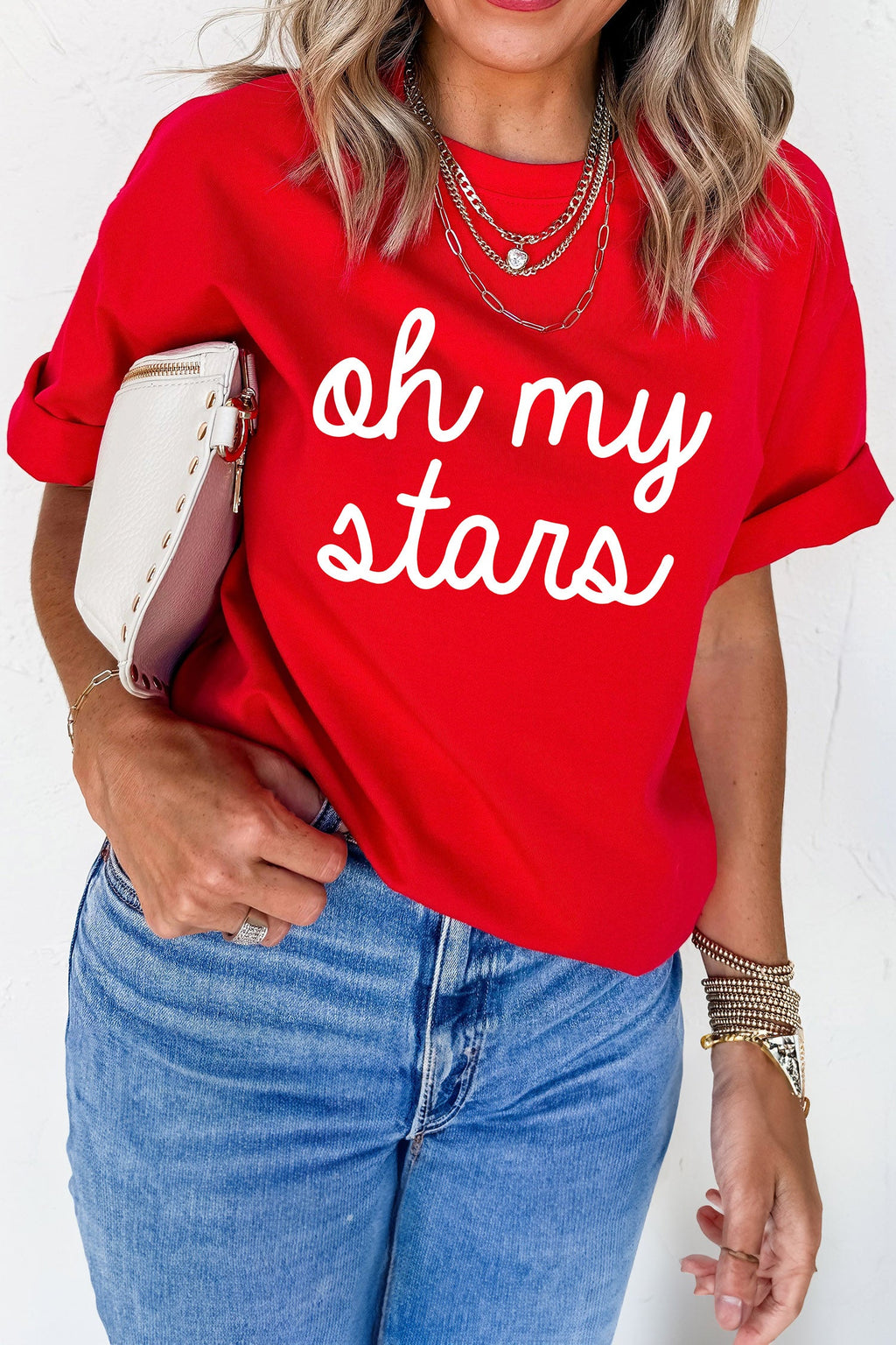 Red Oh My Stars Patriotic Slogan Graphic Tee