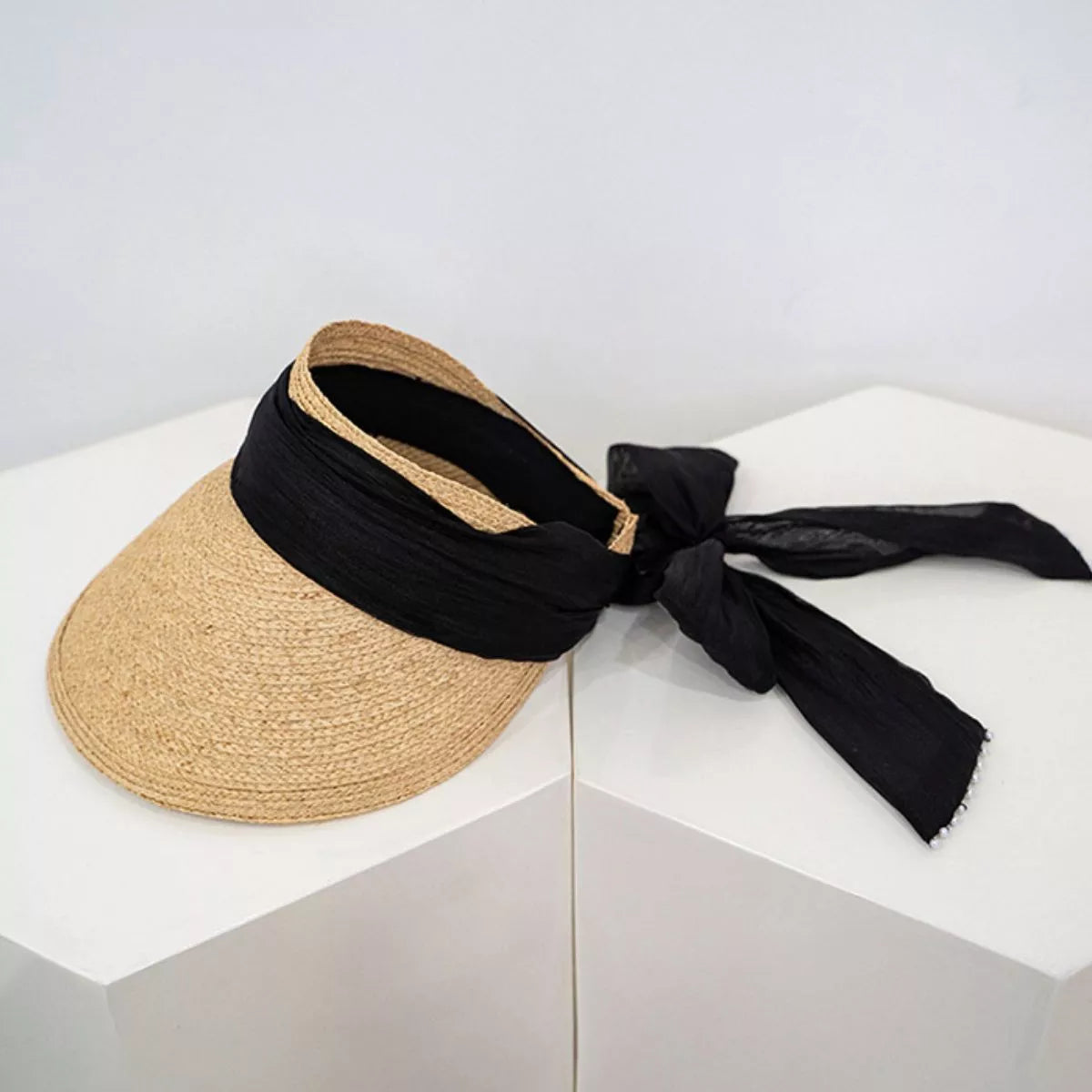 Ribbon-Tie Straw Visor Sun Hat