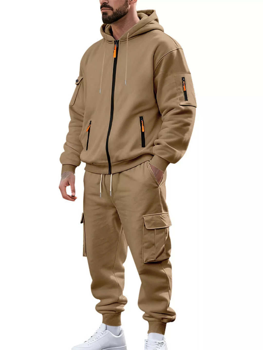Men's Plus Size Casual Zip-Up Hoodie and Cargo Pants Set
