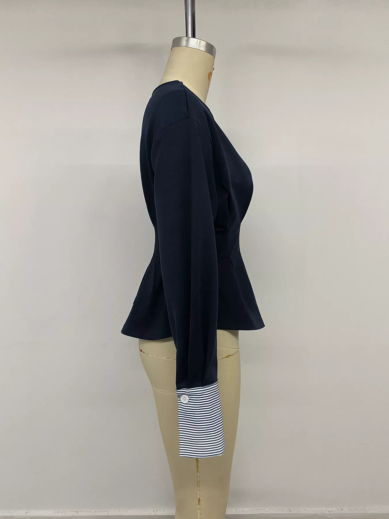 Round Neck Peplum Top with Striped Cuffs
