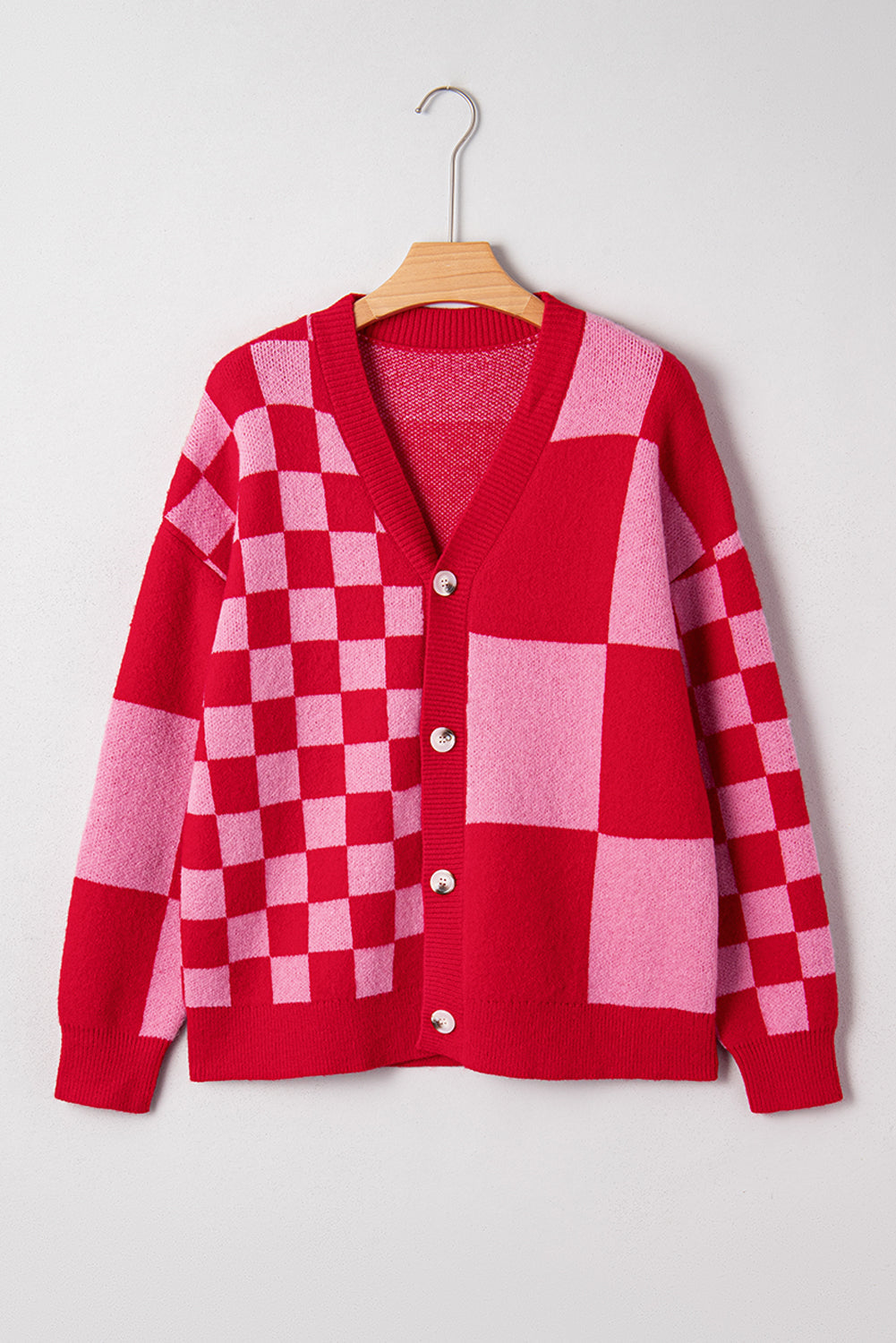 Fiery Red Mixed Plaid Relaxed Sweater Cardigan