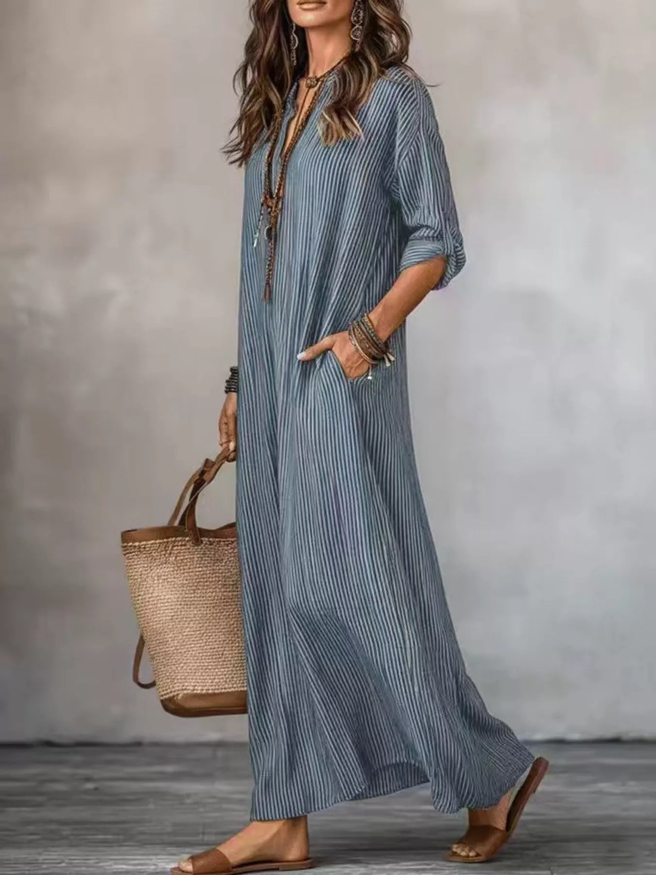 Full Size Striped Notched Maxi Dress with Pockets Plus Size