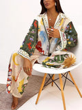 Full Size Printed Long Sleeve Shirt and Wide Leg Pants Set Plus Size
