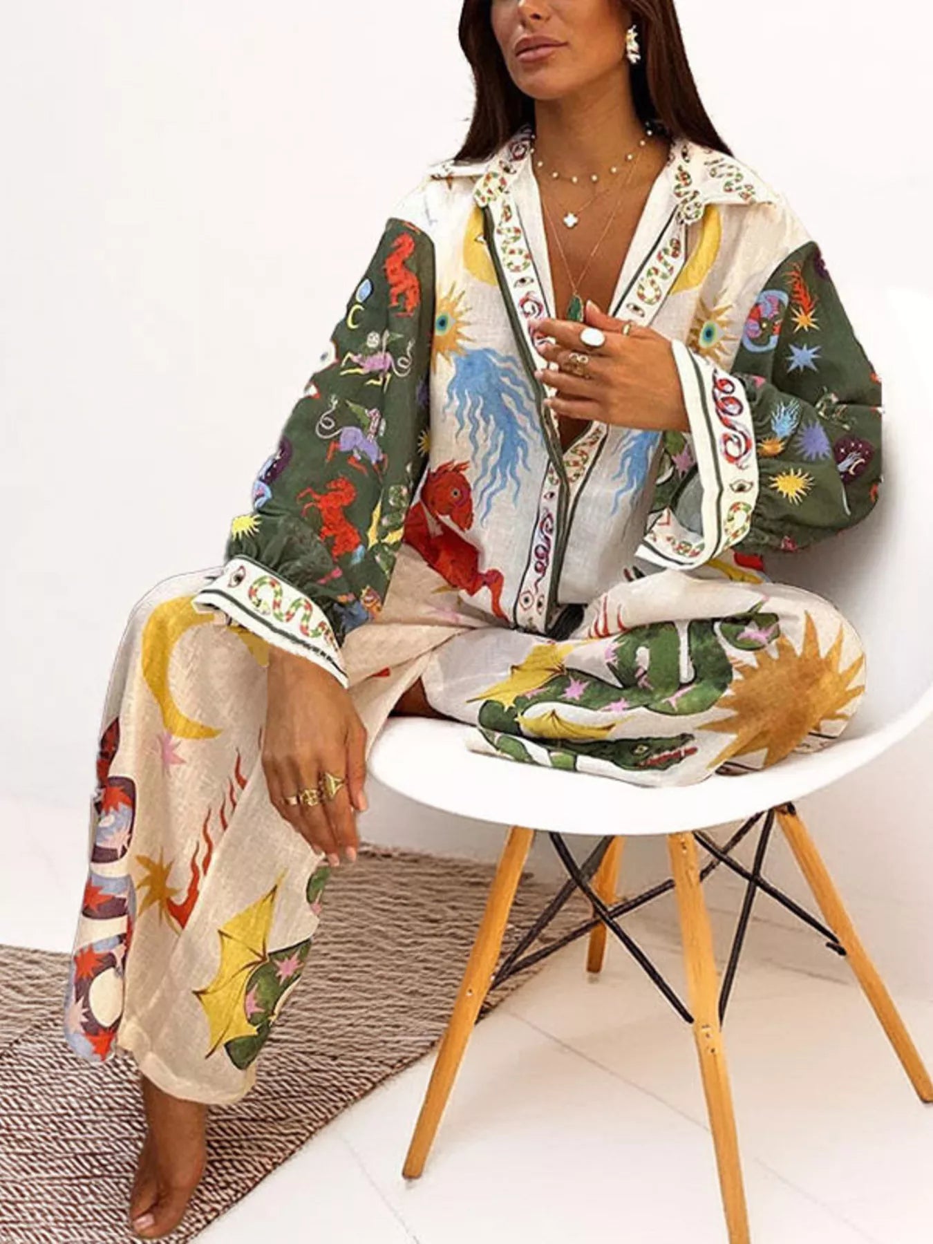 Full Size Printed Long Sleeve Shirt and Wide Leg Pants Set Plus Size