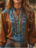 Printed Notched Long Sleeve Blouse