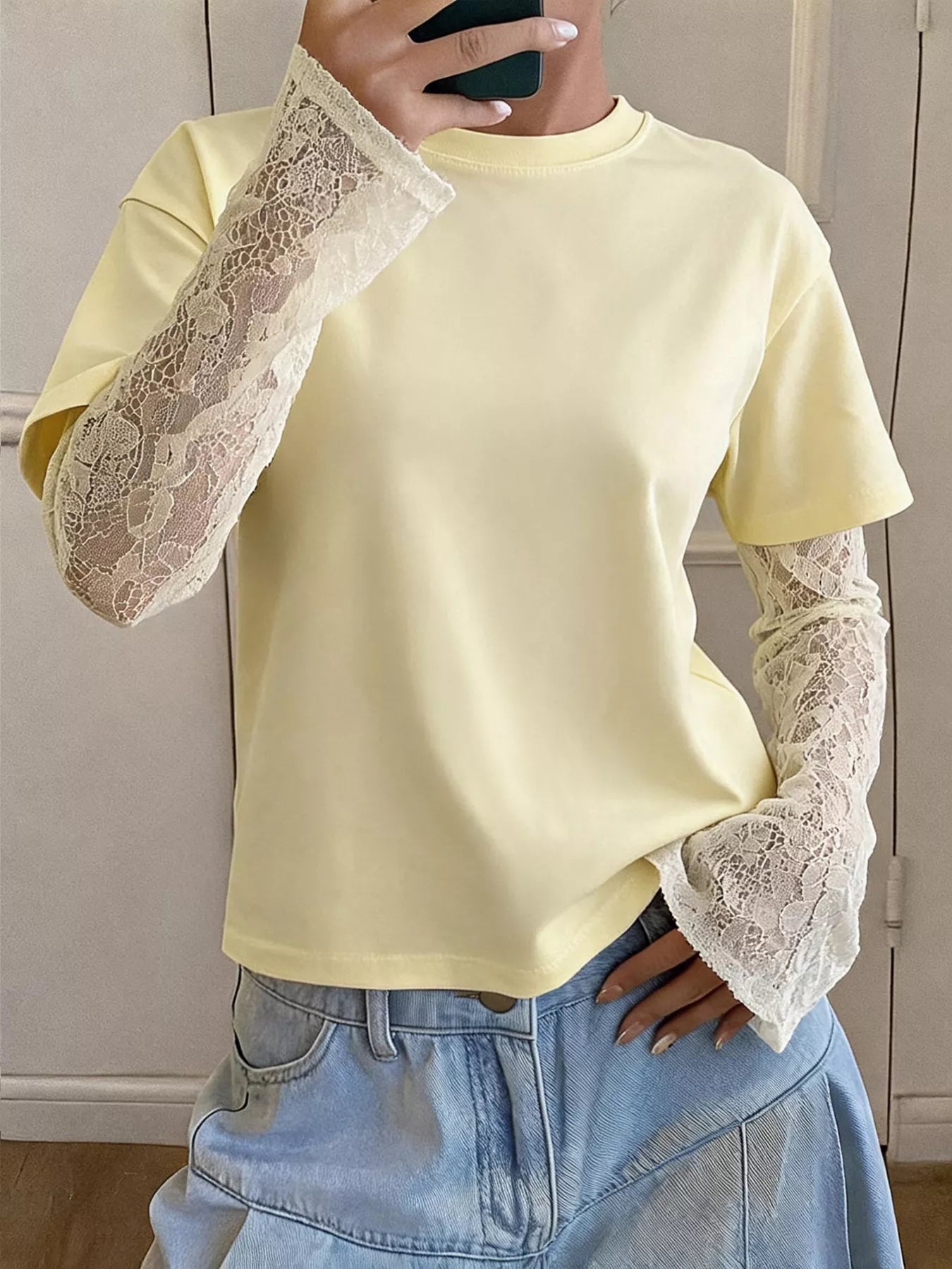 Lace Sleeve Round Neck T-Shirt