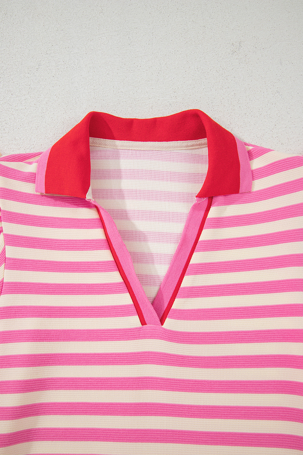 Sachet Pink Stripe Print Contrast Collar Split Neck Flutter Sleeve Short Dress