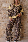 Brown Leopard Print Long Sleeve V-Neck Wide Leg Pant Set
