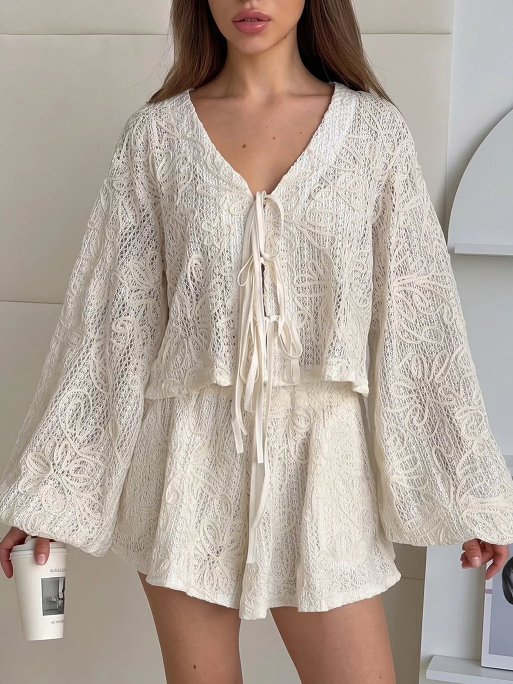 Lace Crochet Tie Front Top and Shorts Two-Piece Lounge Set