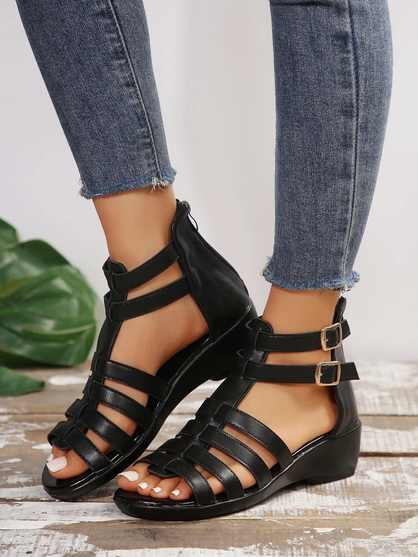 Strappy Wedge Buckle Sandals