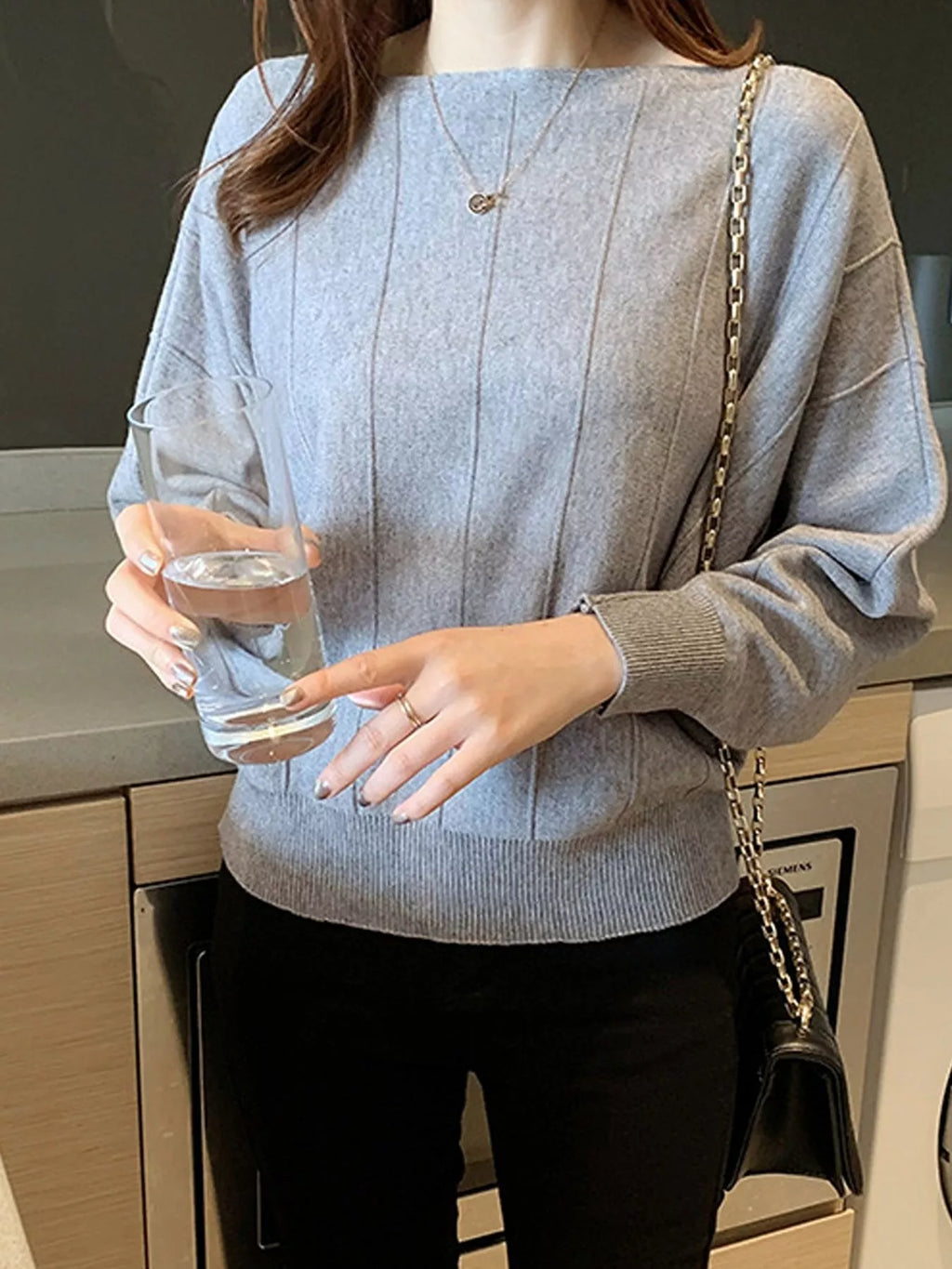 Ribbed Hem Batwing Sleeve Knit Top