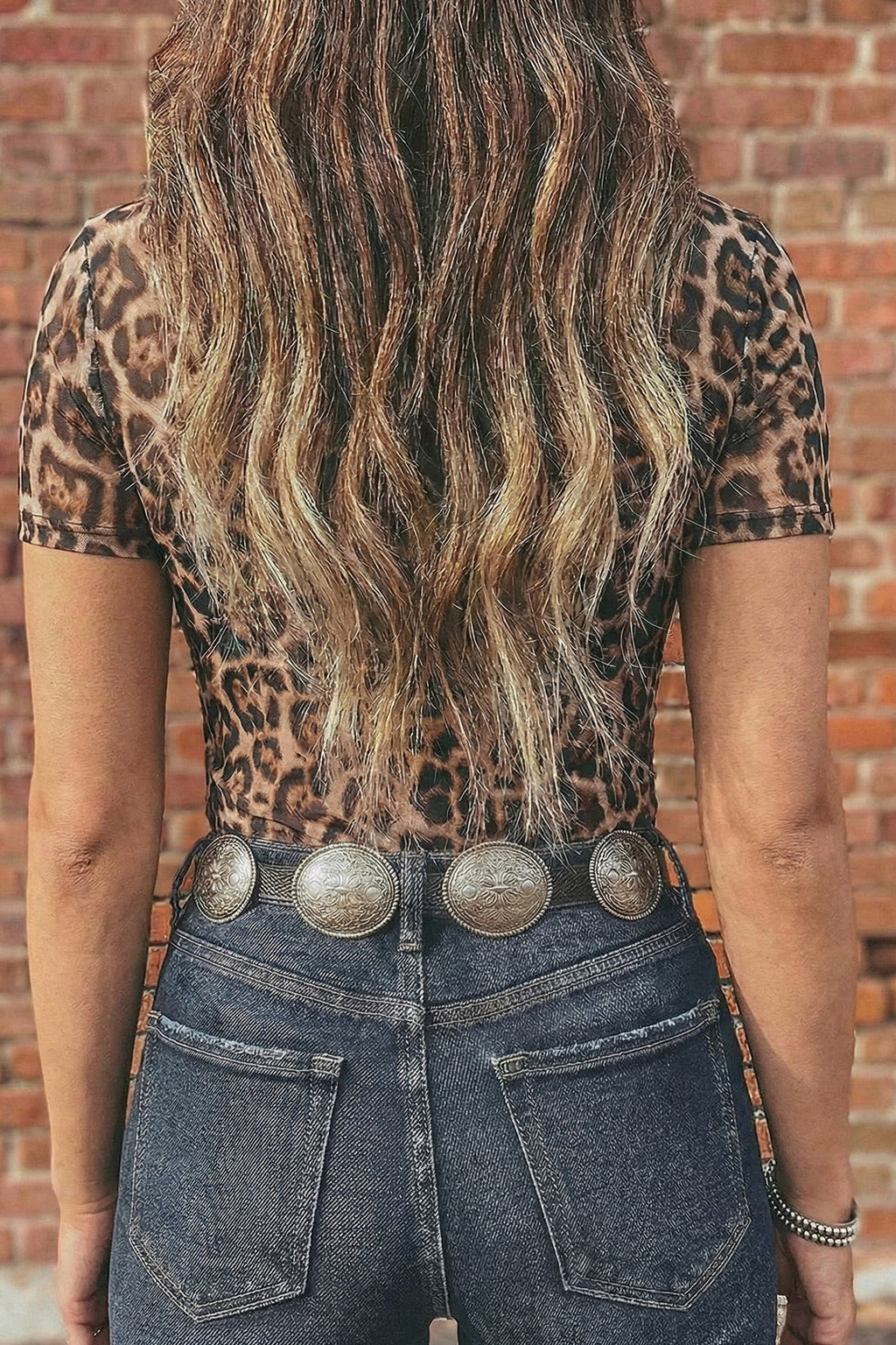 Camel Leopard Printed Mesh Short Sleeve Top