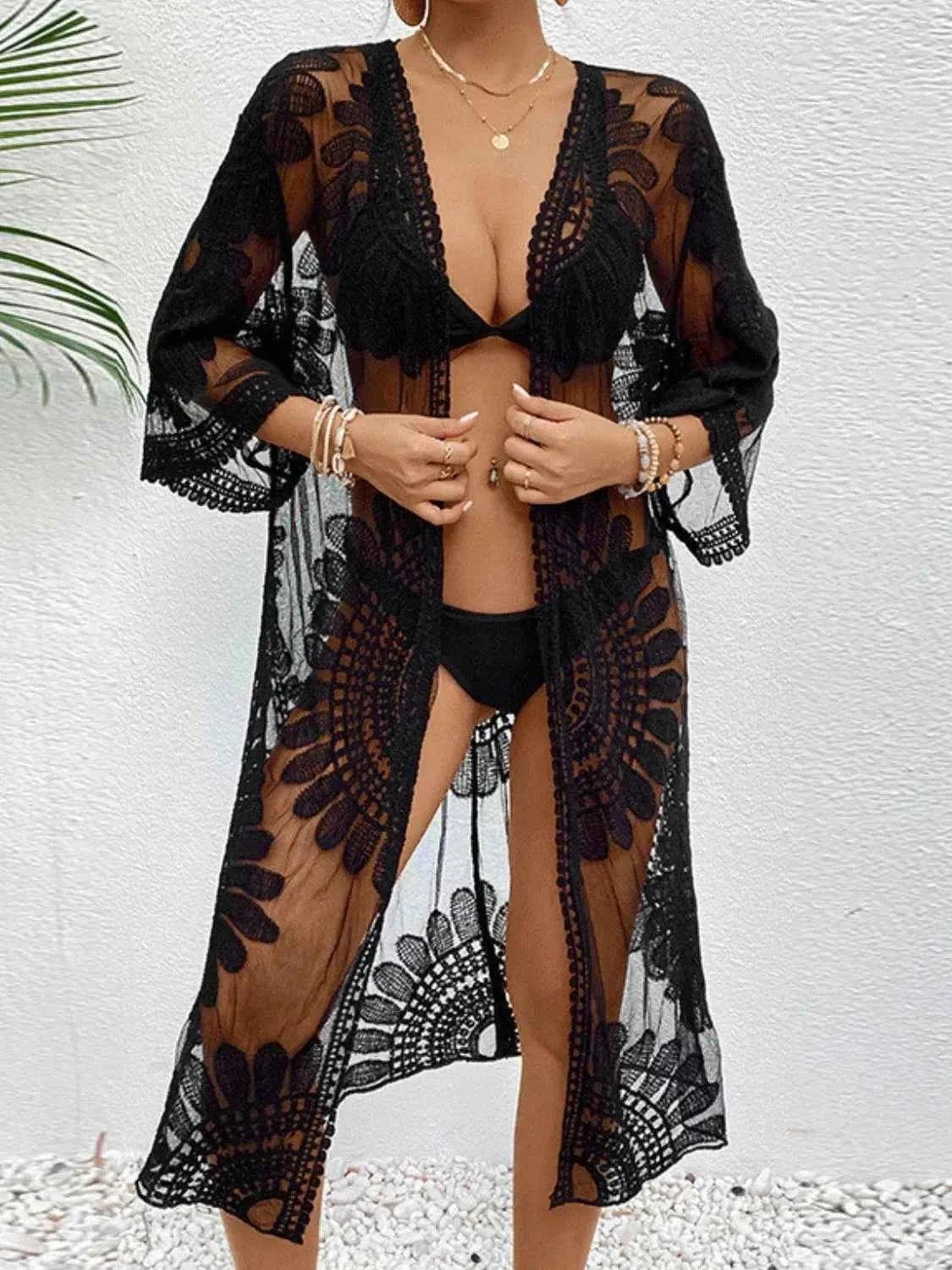 Lace Open Front Longline Kimono Cover-Up