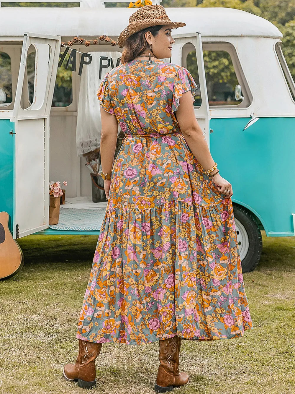 Ruffled Printed Cap Sleeve Dress