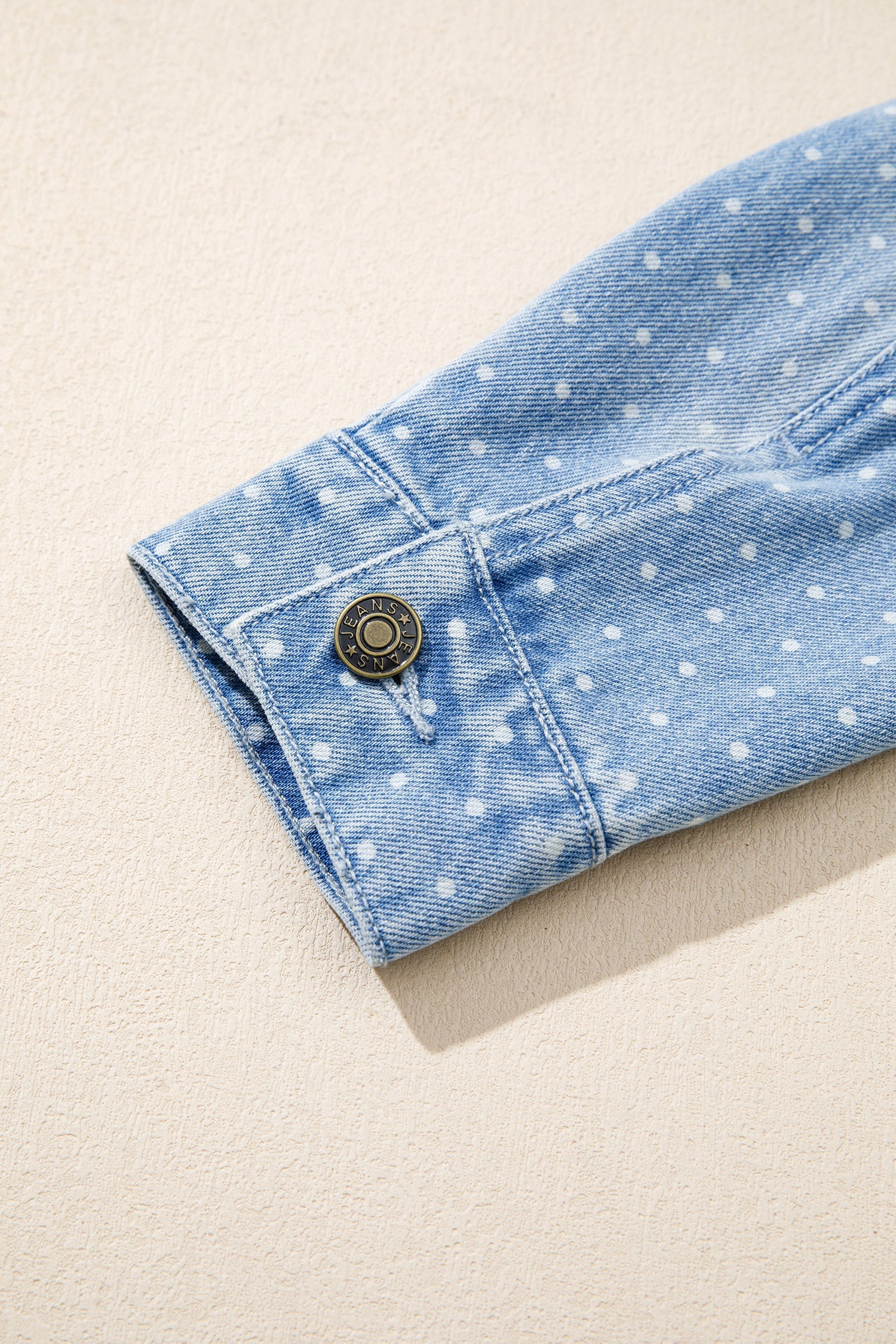 Sky Blue Polka Dot Long Sleeve Collar Pocket Casual Shift Silhouette Denim Jacket