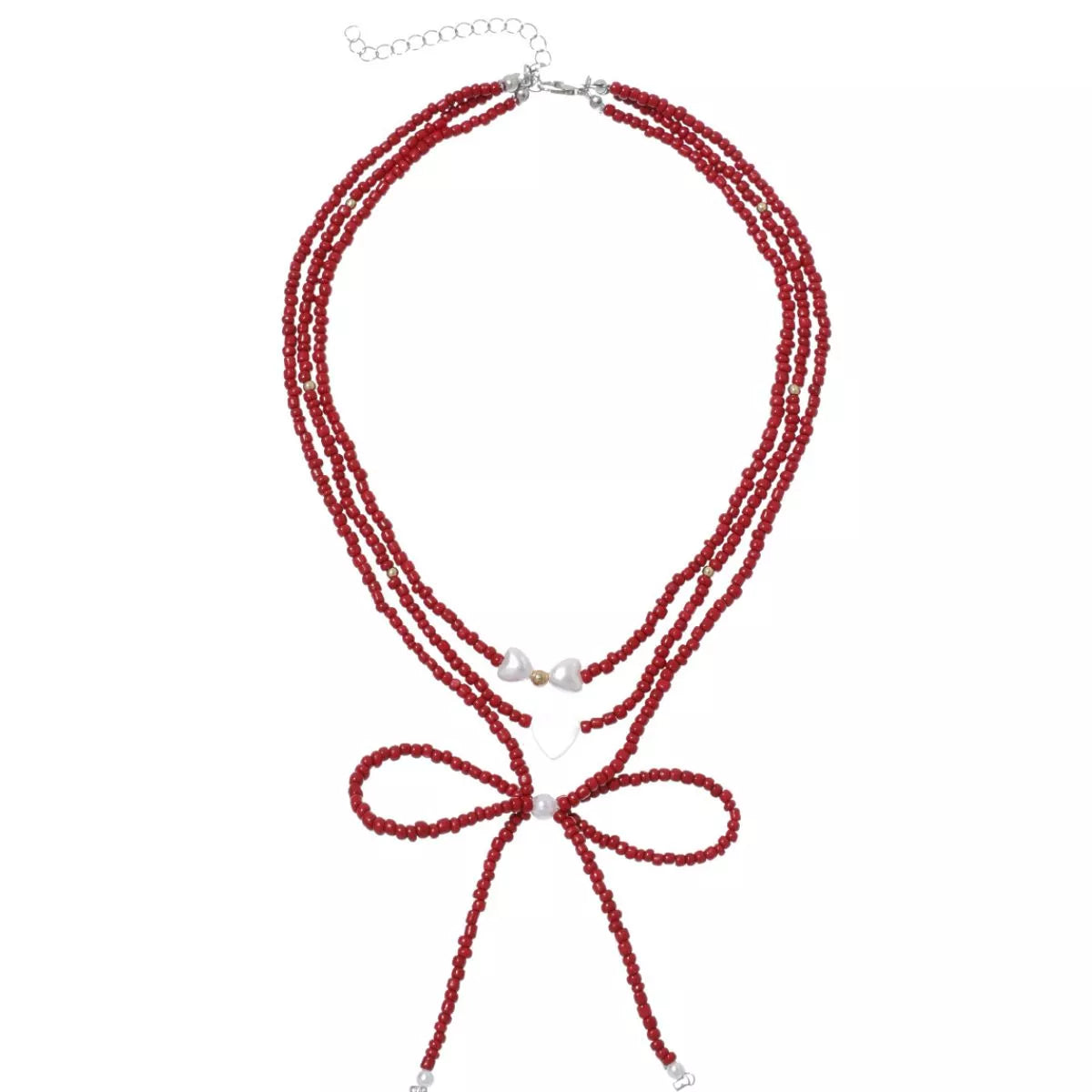 Beaded Bow Necklace with Heart Pendants