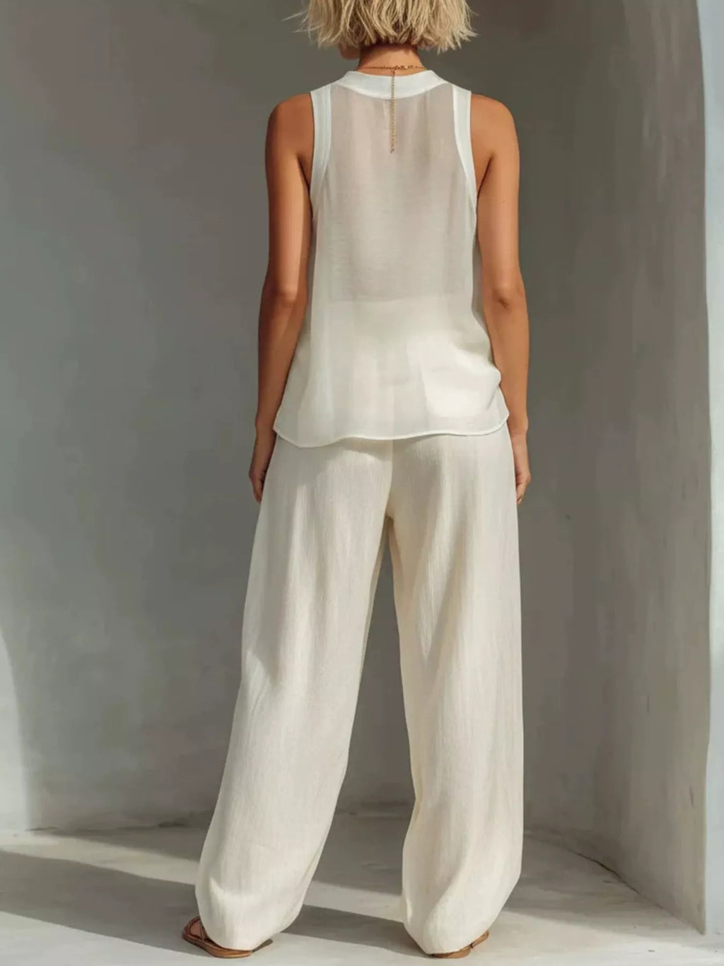 Full Size Sheer Sleeveless Top and Wide-Leg Pants Set Plus Size