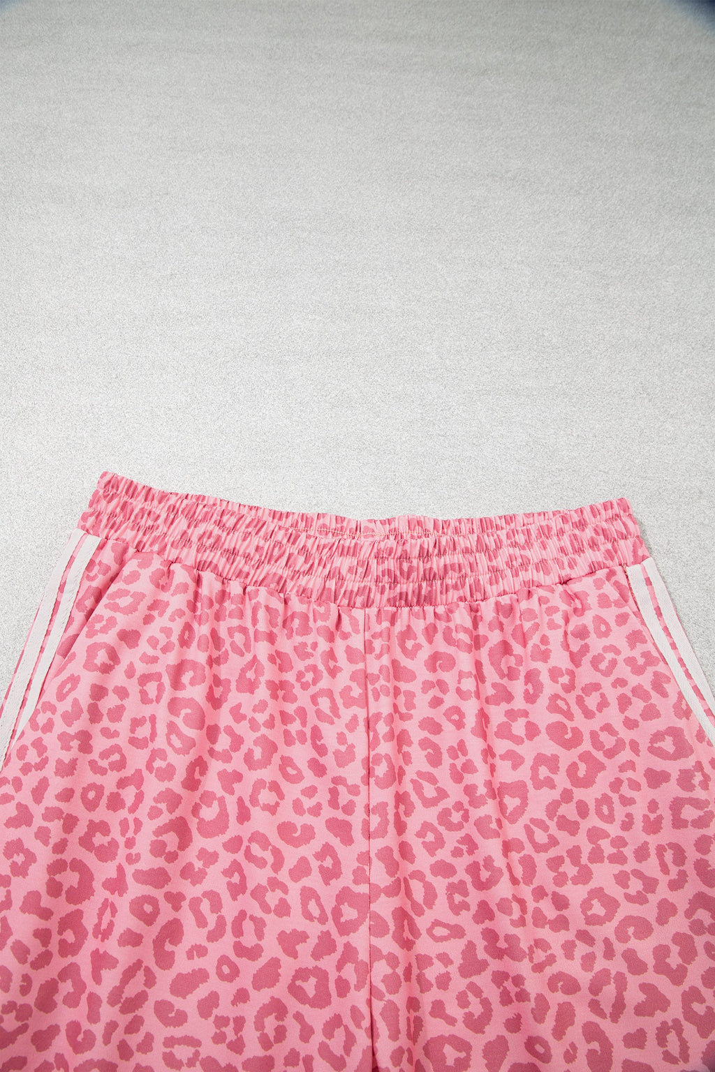 Pink Leopard Print Varsity Striped Detail 3/4 Sleeve Top Shift Pant Set