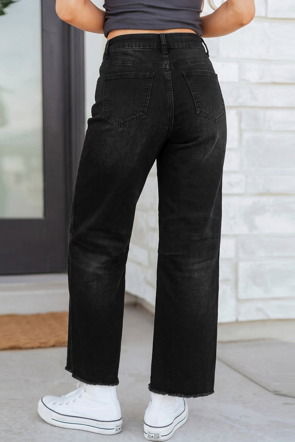 Black Frayed Cropped Straight Jeans