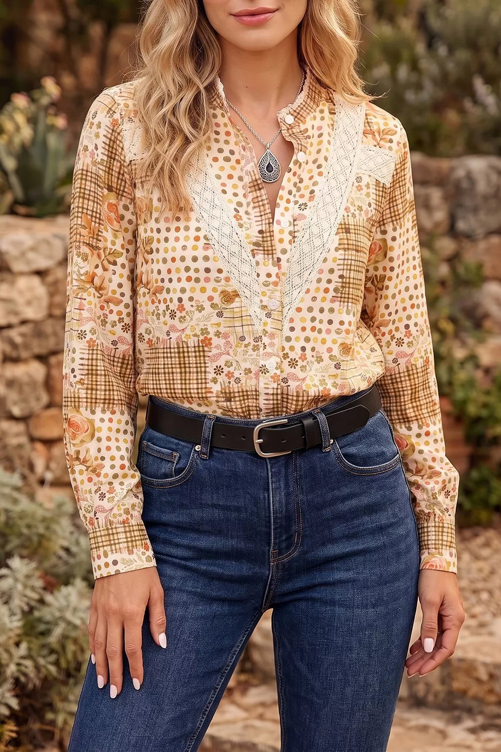 Floral Lace Trim Button Down Long Sleeve Shirt